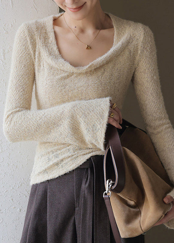 French Khaki Draped Neck Solid Top Spring