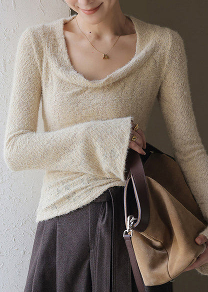 French Khaki Draped Neck Solid Top Spring