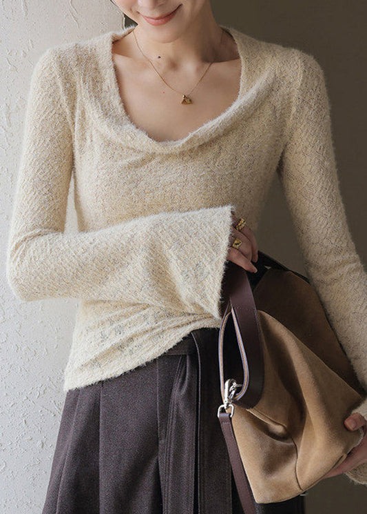 French Khaki Draped Neck Solid Top Spring