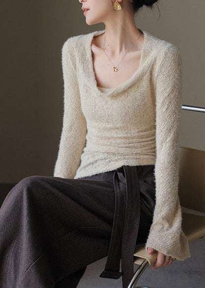 French Khaki Draped Neck Solid Top Spring