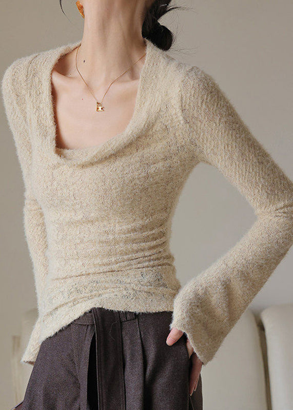 French Khaki Draped Neck Solid Top Spring