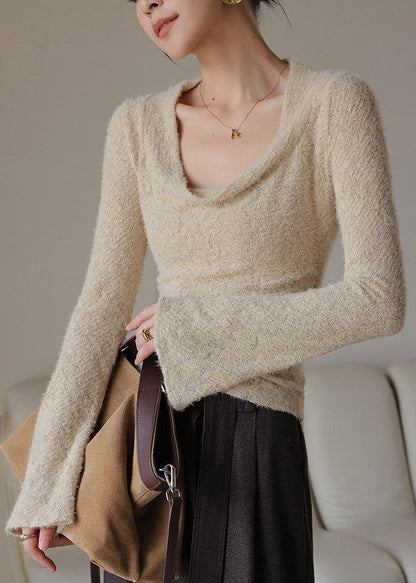 French Khaki Draped Neck Solid Top Spring