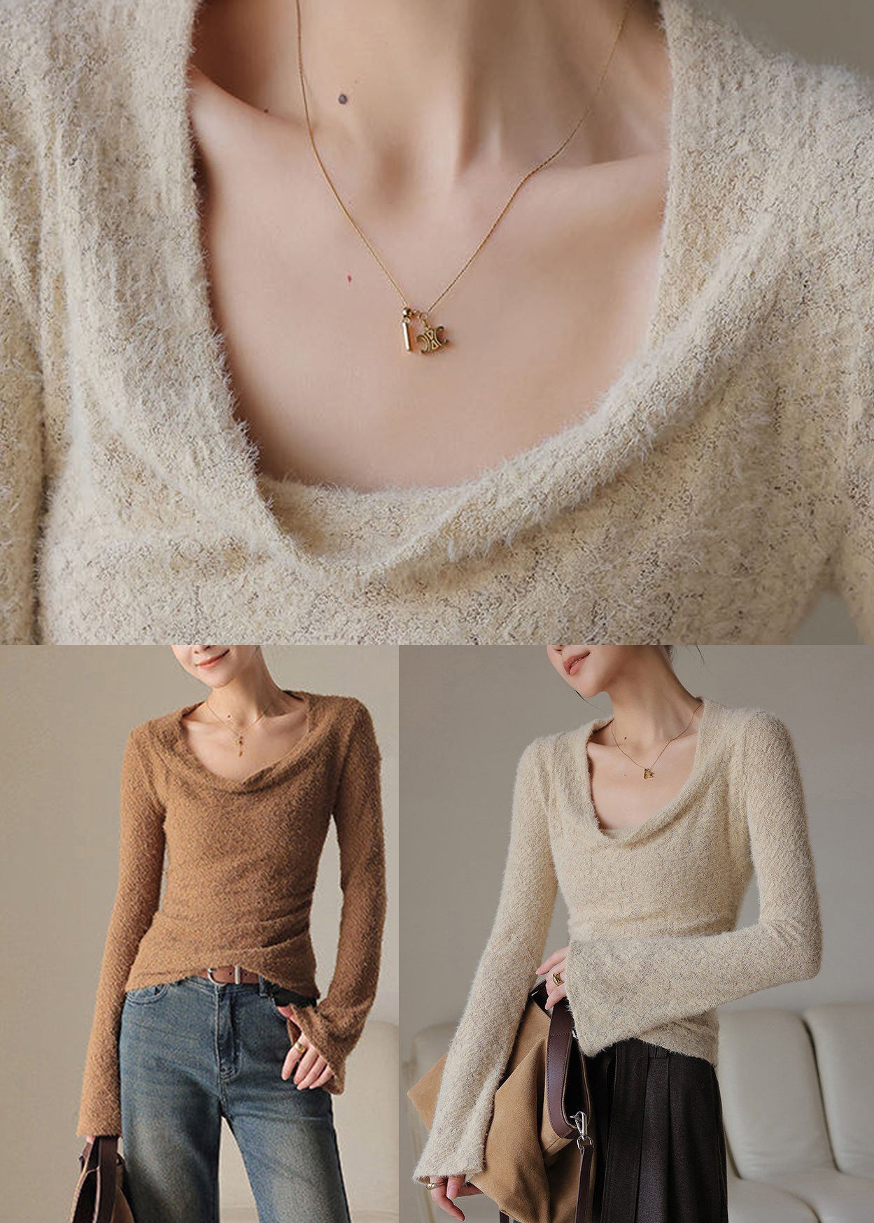 French Khaki Draped Neck Solid Top Spring