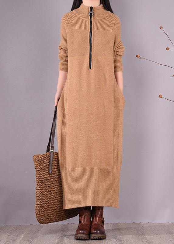 French Khaki Dress Zippered Pockets Dresses Spring Dress - SooLinen