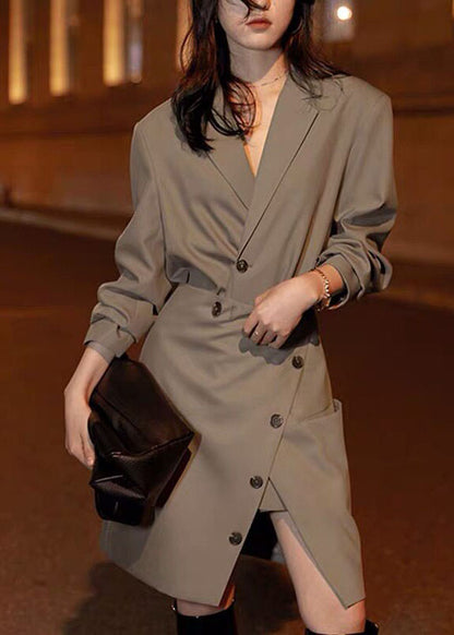 French Khaki Notched Patchwork Coats And Skirts Two Pieces Set Fall