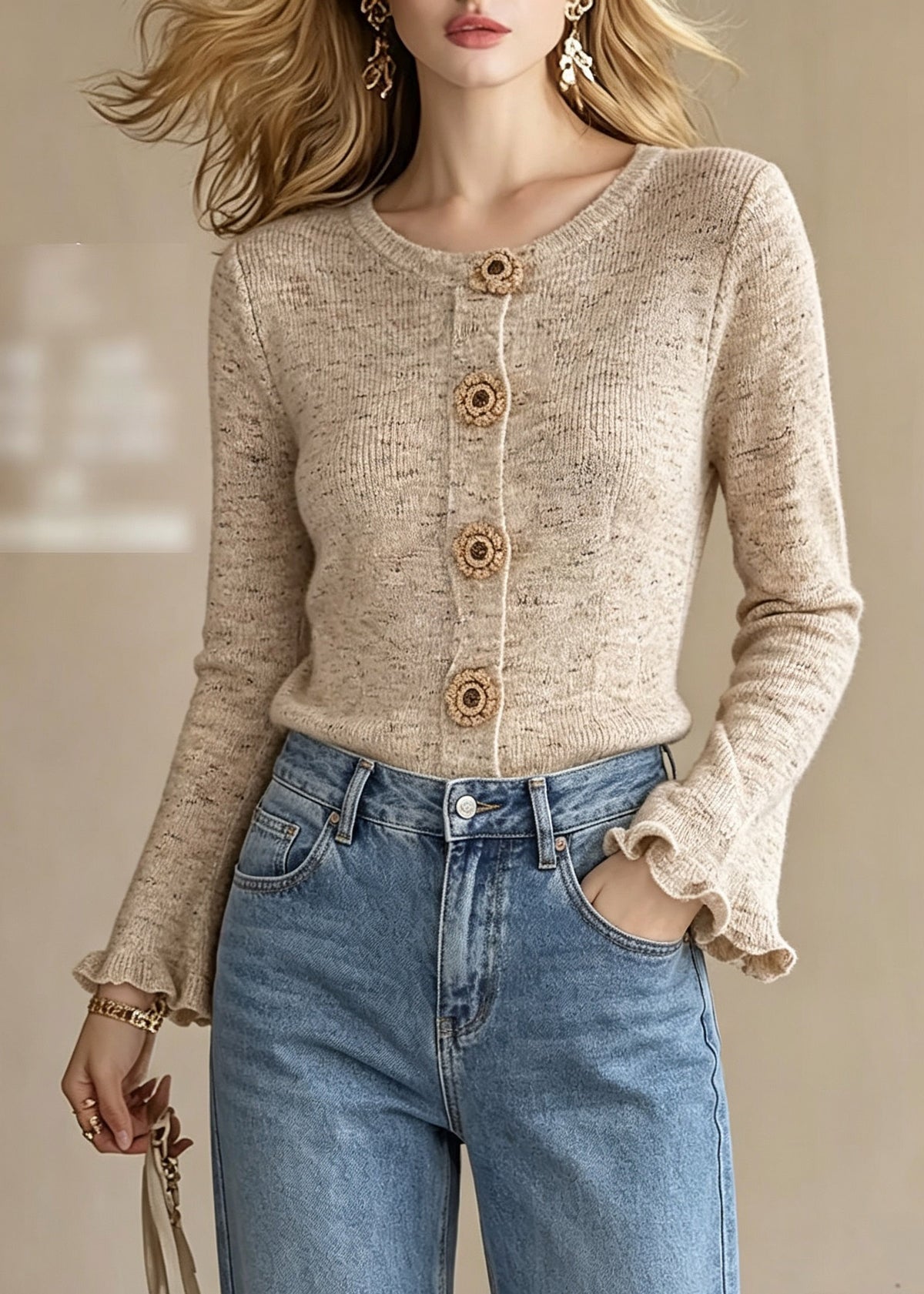 French Khaki O-Neck Button Cotton Knit Cardigans Fall