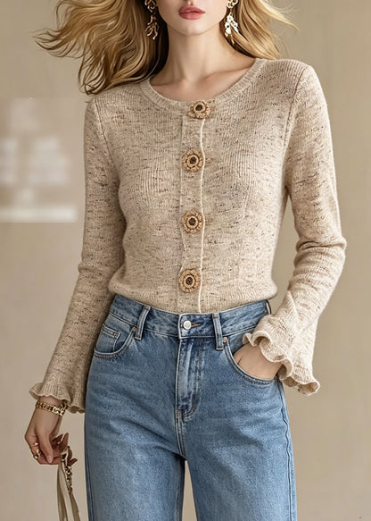 French Khaki O-Neck Button Cotton Knit Cardigans Fall