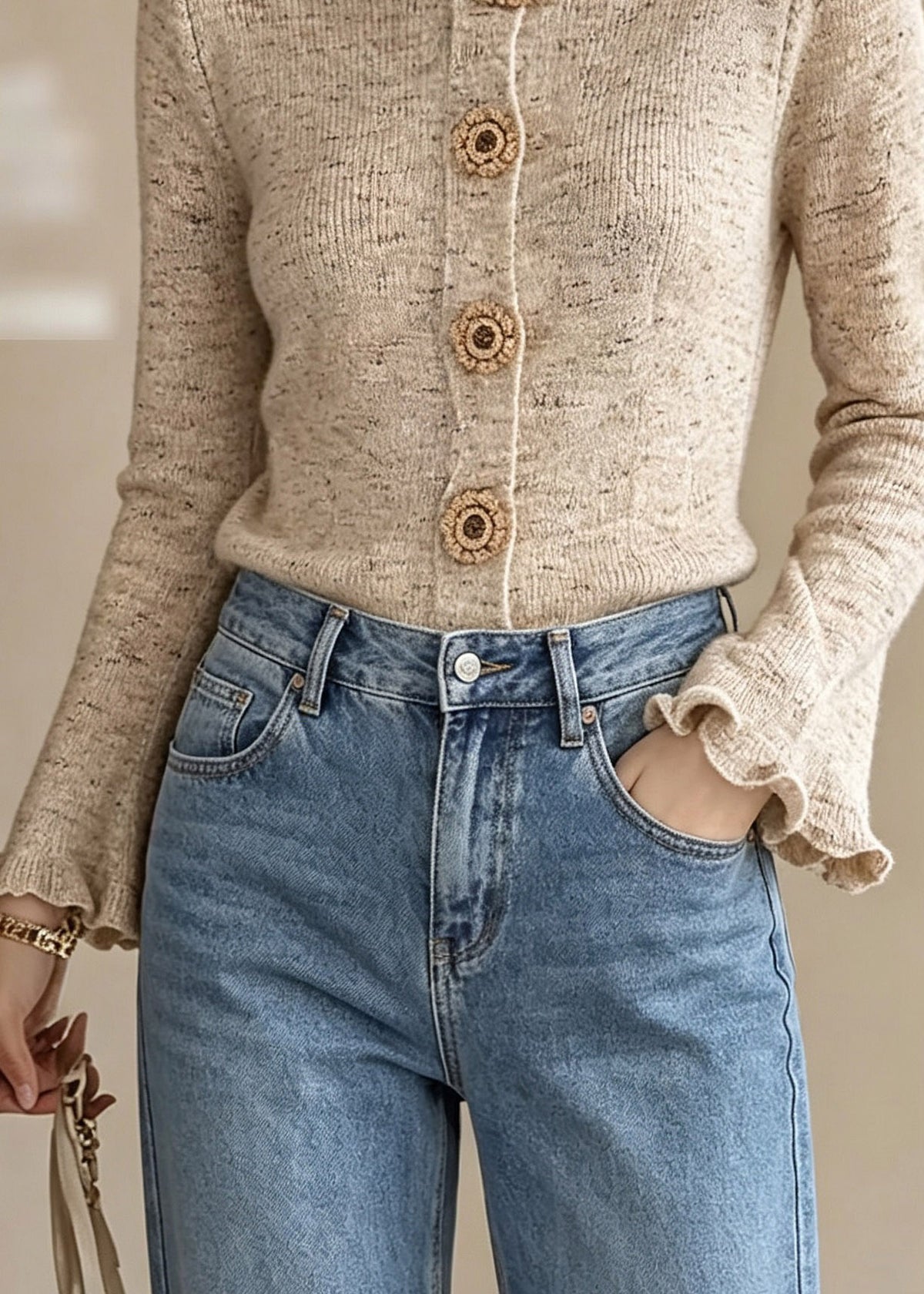 French Khaki O-Neck Button Cotton Knit Cardigans Fall