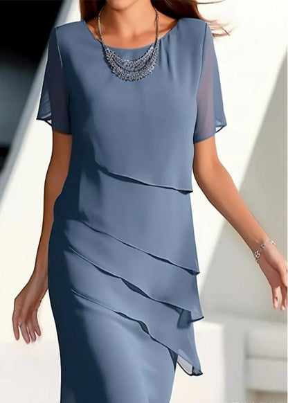 French Khaki O-Neck Layered Solid Chiffon Maxi Dresses Short Sleeve