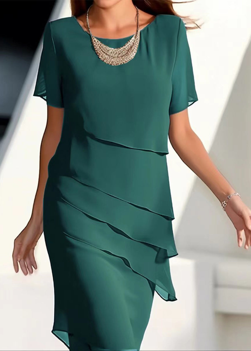 French Khaki O-Neck Layered Solid Chiffon Maxi Dresses Short Sleeve