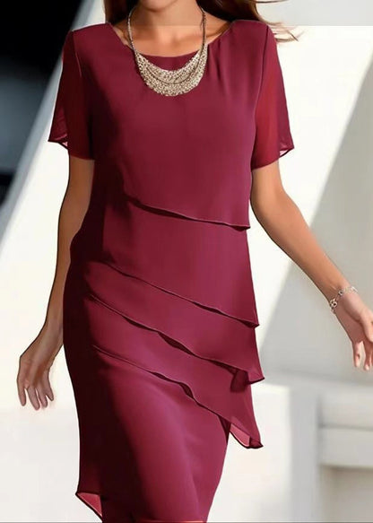 French Khaki O-Neck Layered Solid Chiffon Maxi Dresses Short Sleeve