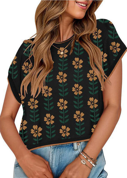 French Khaki O Neck Print Knit Tops Summer
