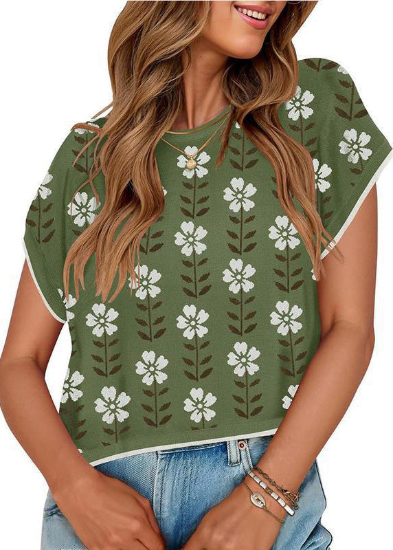 French Khaki O Neck Print Knit Tops Summer