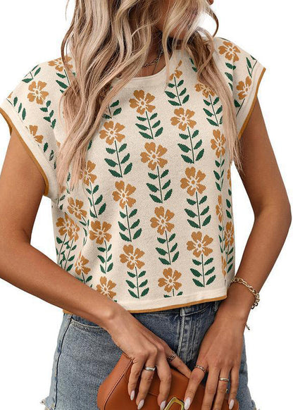 French Khaki O Neck Print Knit Tops Summer