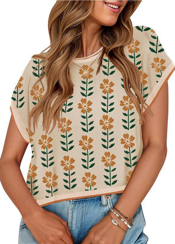 French Khaki O Neck Print Knit Tops Summer