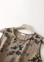 French Khaki O Neck Print Tie Waist Cotton Long Dresses Sleeveless