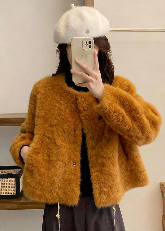 French Khaki O-Neck Thick Wool Jackets Winter