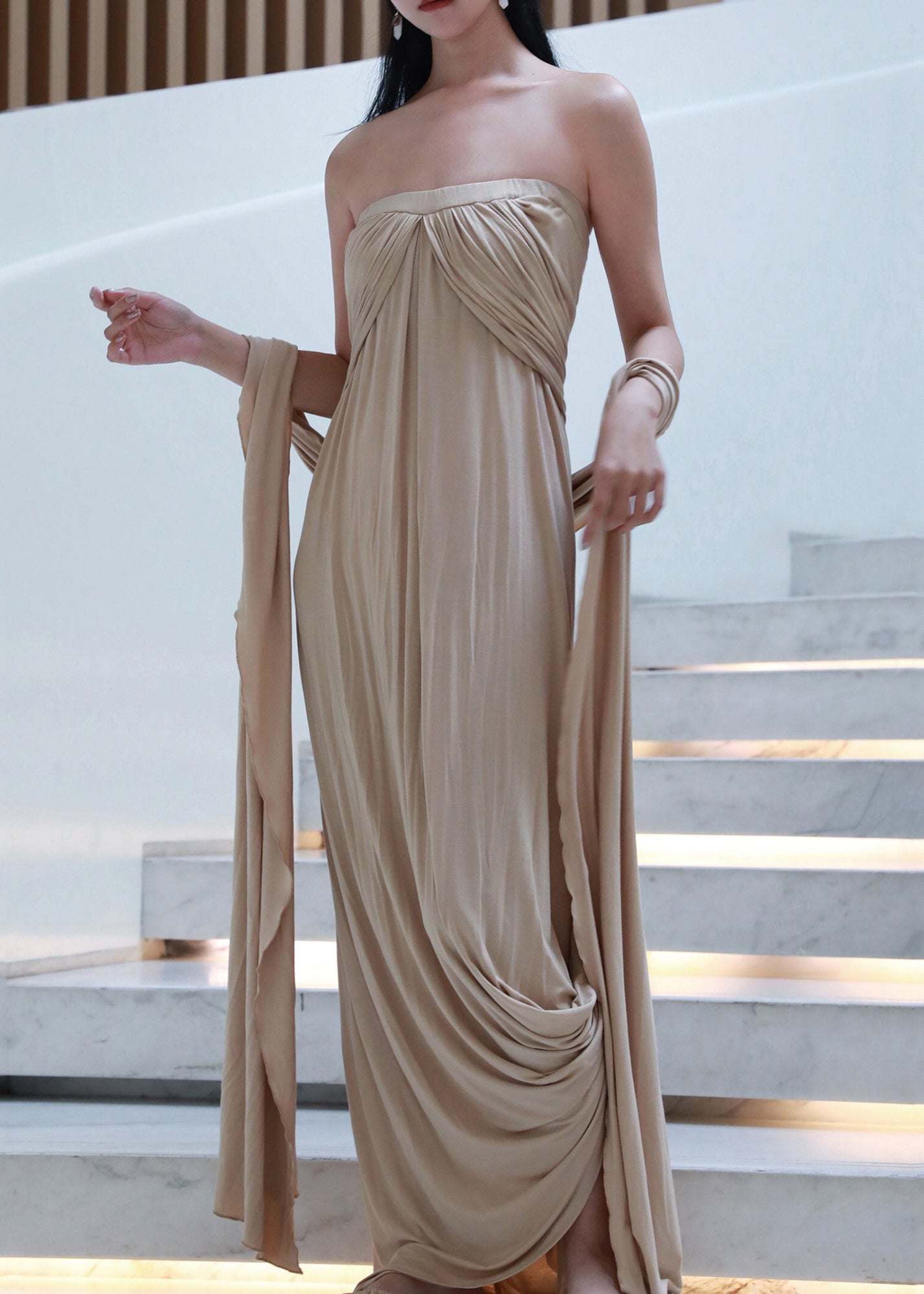 French Khaki Off The Shoulder Wrinkled Cotton Long Dresses Sleeveless