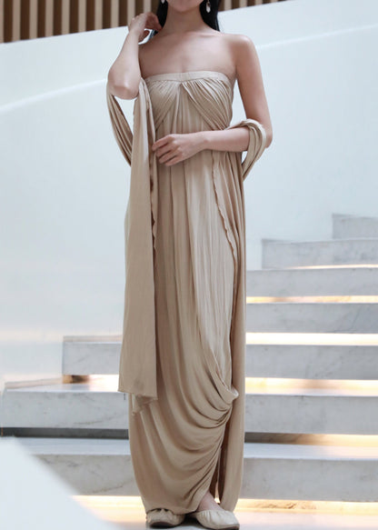 French Khaki Off The Shoulder Wrinkled Cotton Long Dresses Sleeveless