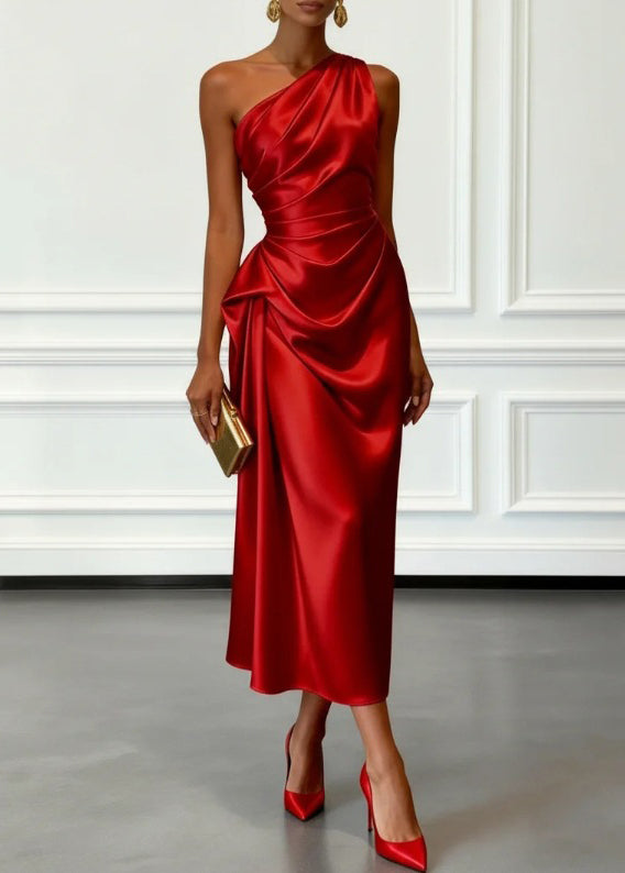 French Khaki One Shoulder Wrinkled Silk Dresses Summer