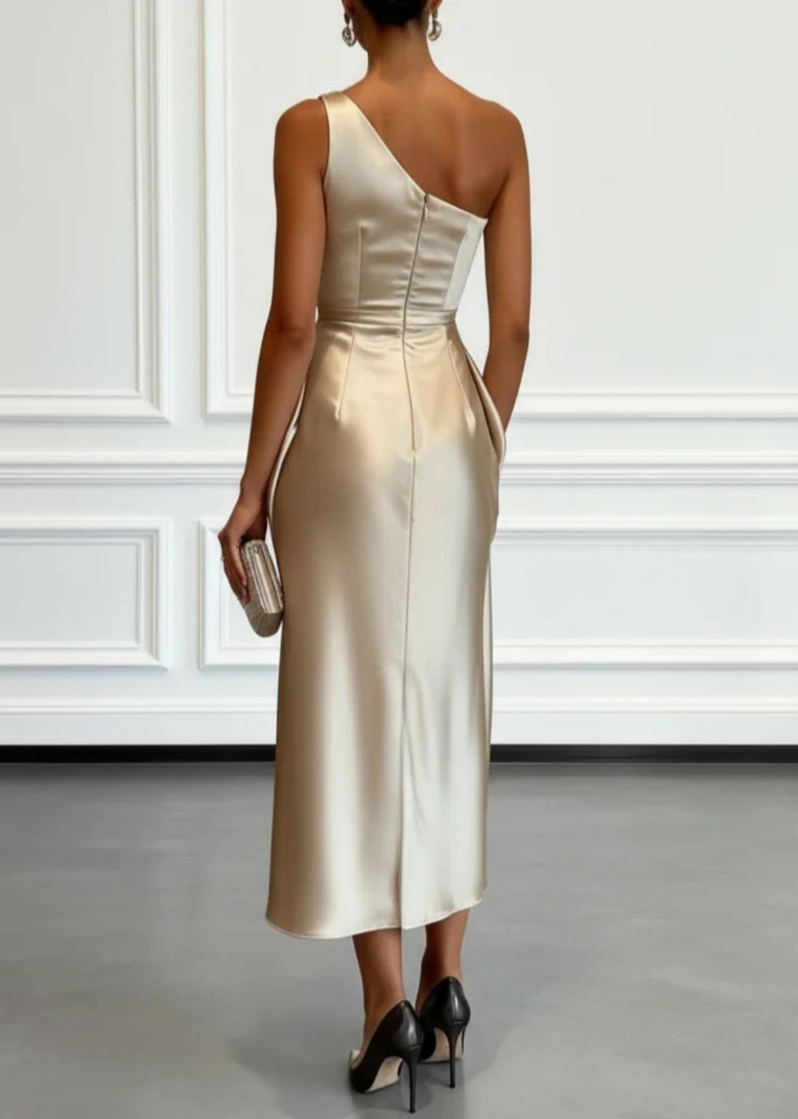 French Khaki One Shoulder Wrinkled Silk Dresses Summer