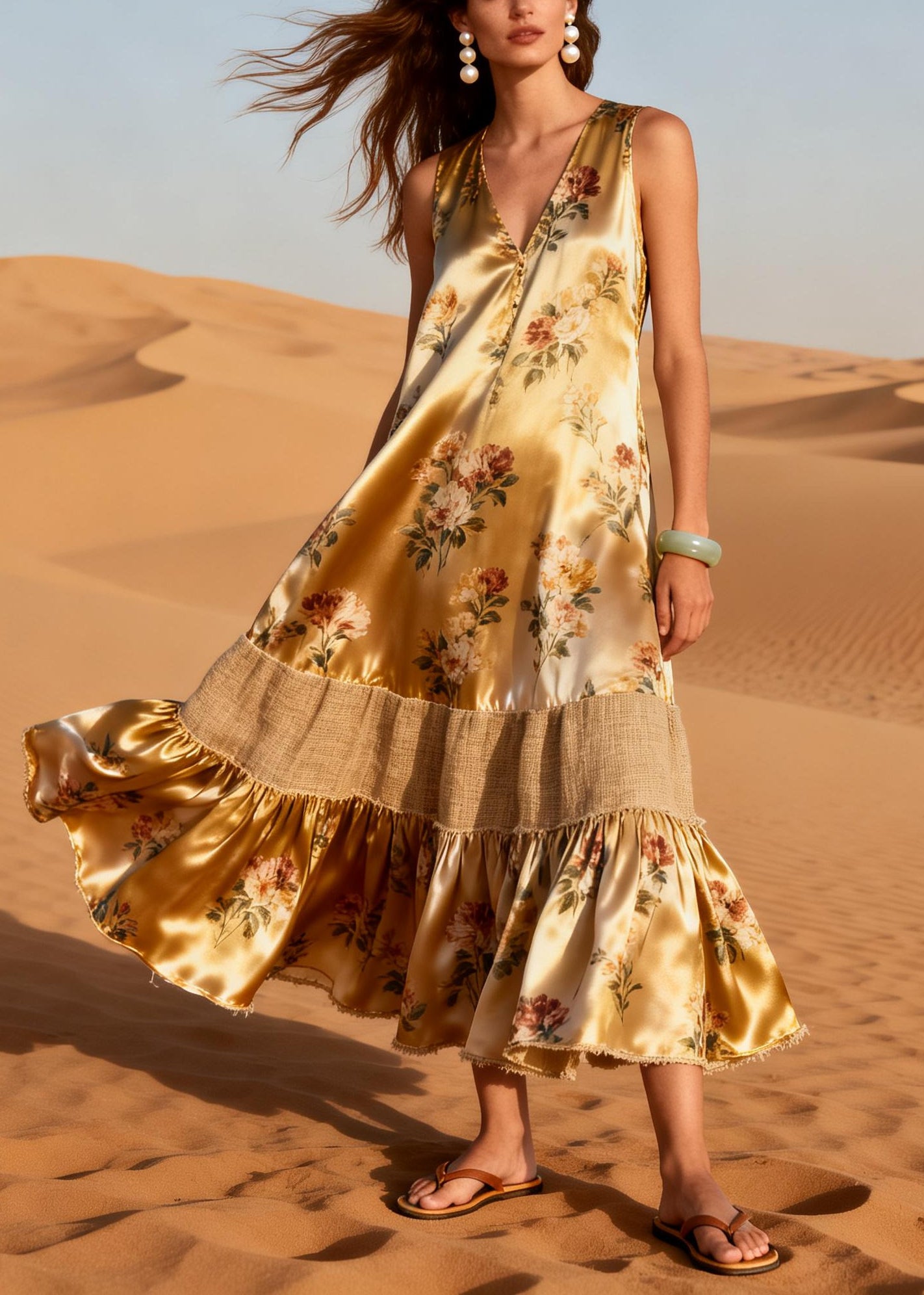 French Khaki Oversized Patchwork Silk Holiday Dress Summer
