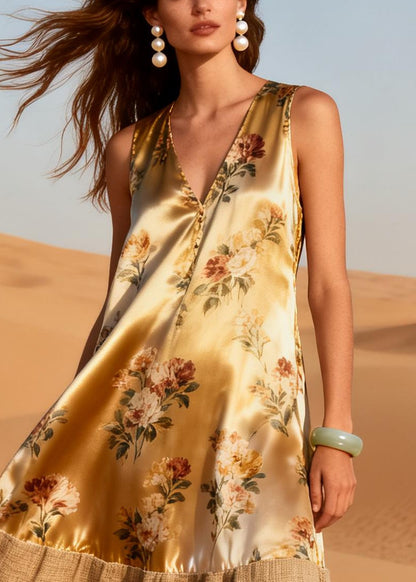 French Khaki Oversized Patchwork Silk Holiday Dress Summer