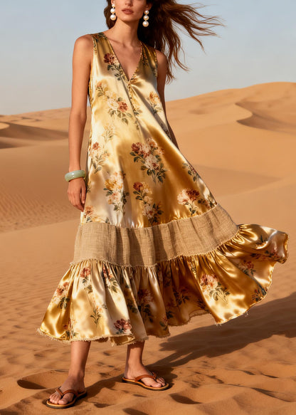 French Khaki Oversized Patchwork Silk Holiday Dress Summer