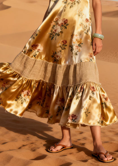 French Khaki Oversized Patchwork Silk Holiday Dress Summer