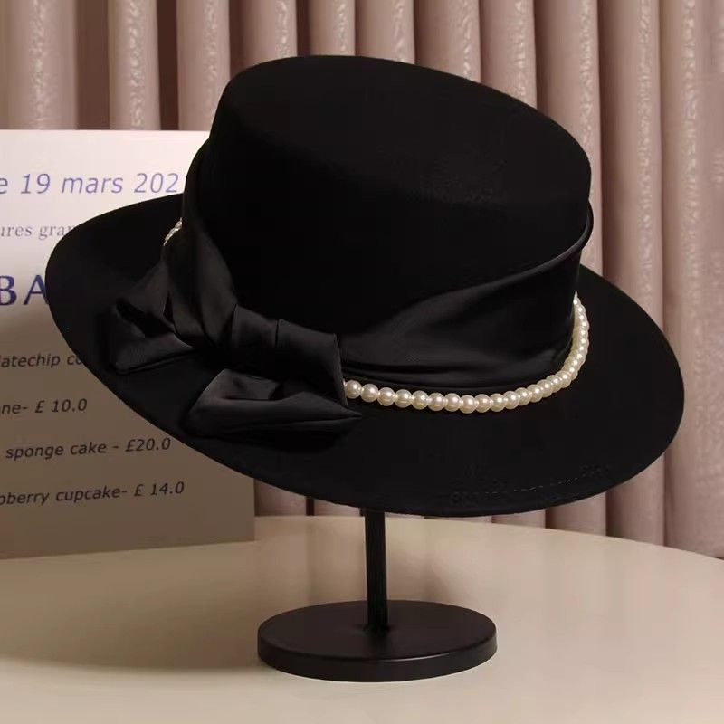 French Khaki Pearl Bow Woolen Cloche Hat