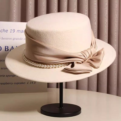 French Khaki Pearl Bow Woolen Cloche Hat
