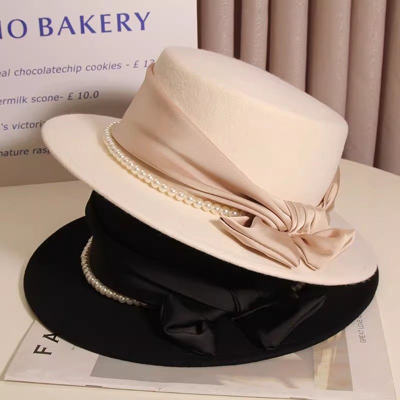 French Khaki Pearl Bow Woolen Cloche Hat