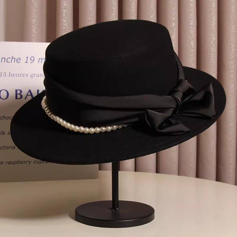 French Khaki Pearl Bow Woolen Cloche Hat