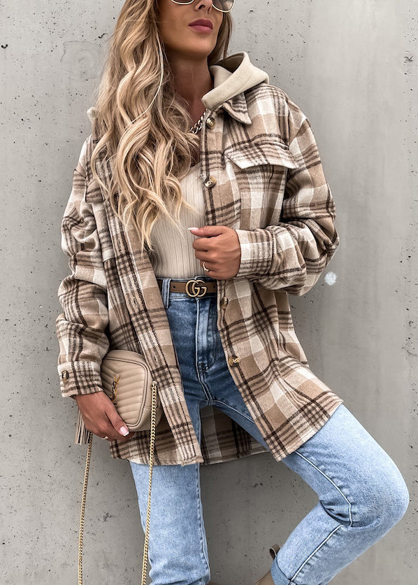 French Khaki Plaid Patchwork Button Hoodie Coat Fall