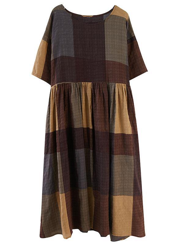 French Khaki Plaid Patchwork Summer Casual Half Sleeve Holiday Dress - SooLinen