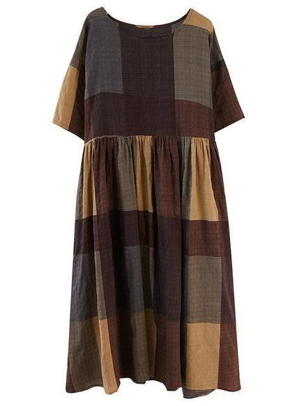French Khaki Plaid Patchwork Summer Casual Half Sleeve Holiday Dress - SooLinen