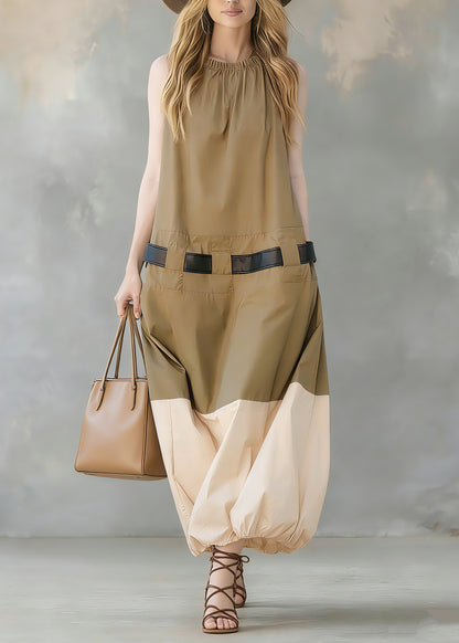 French Khaki Pockets Patchwork Cotton Dress Sleeveless