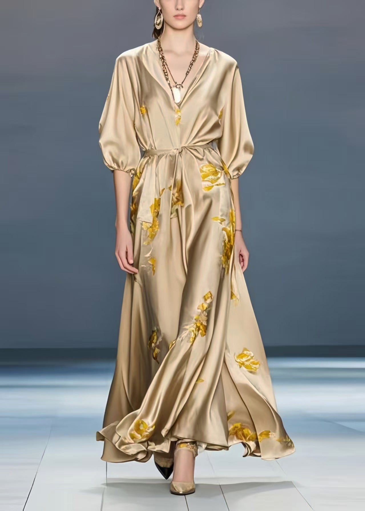 French Khaki Print Draping Silk Party Dress Summer