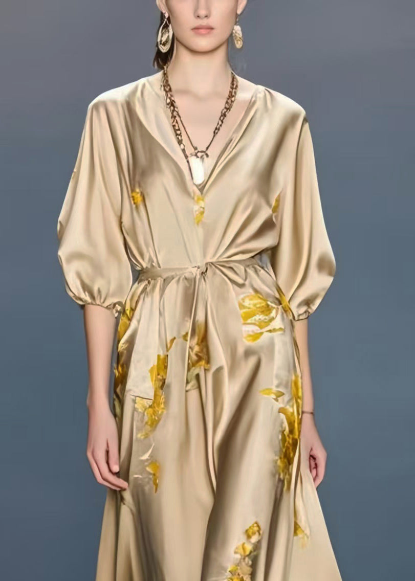 French Khaki Print Draping Silk Party Dress Summer