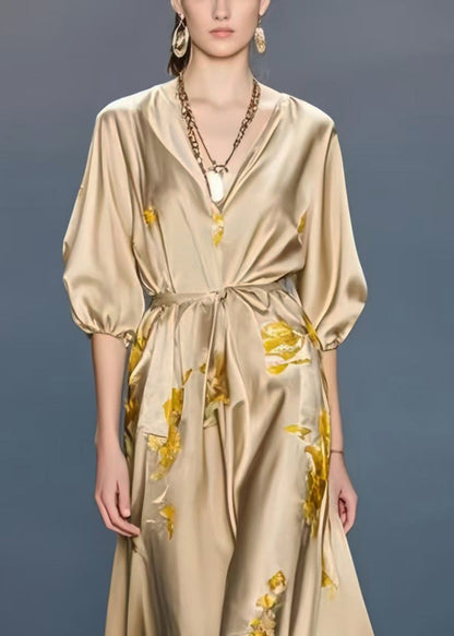 French Khaki Print Draping Silk Party Dress Summer