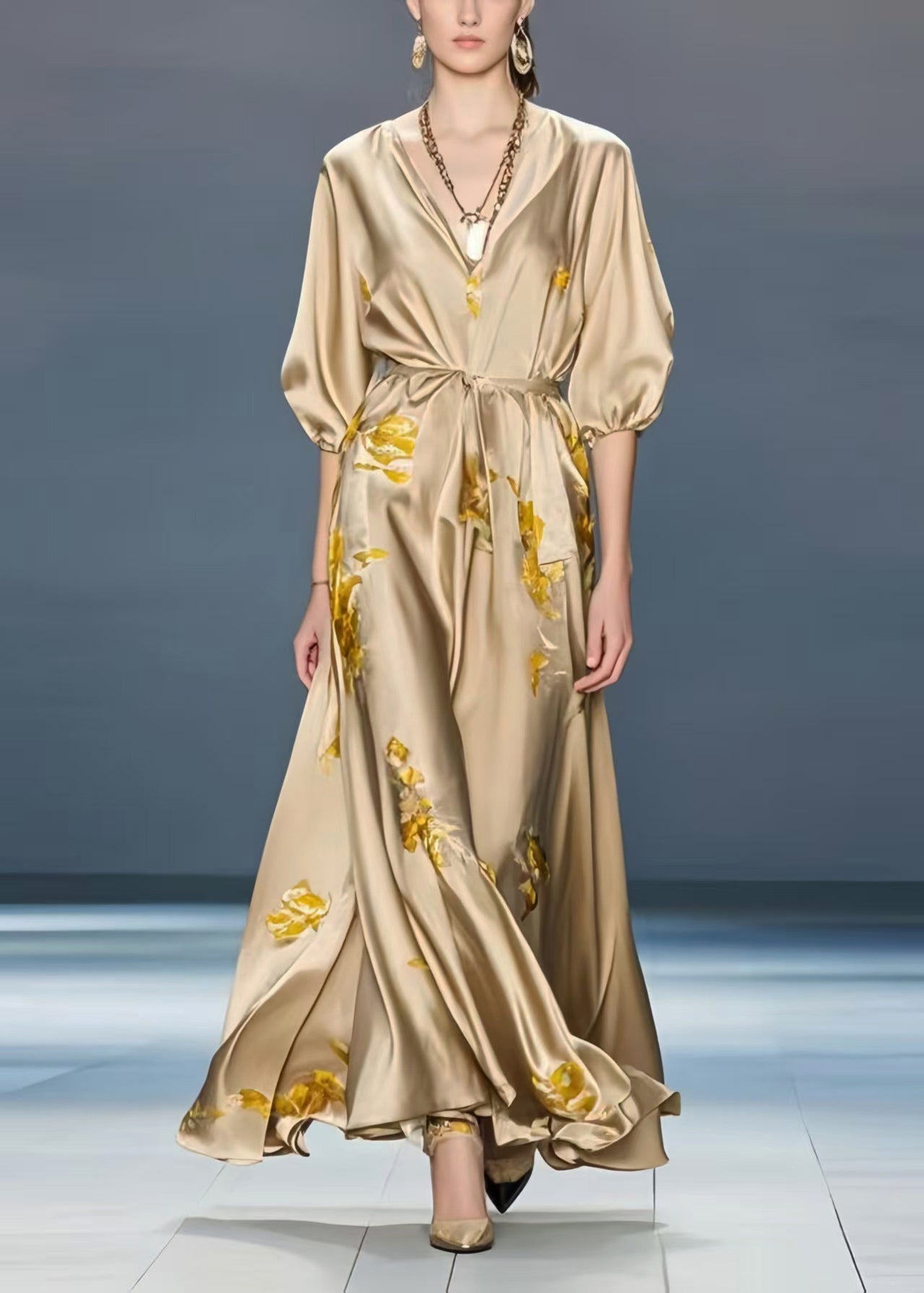 French Khaki Print Draping Silk Party Dress Summer