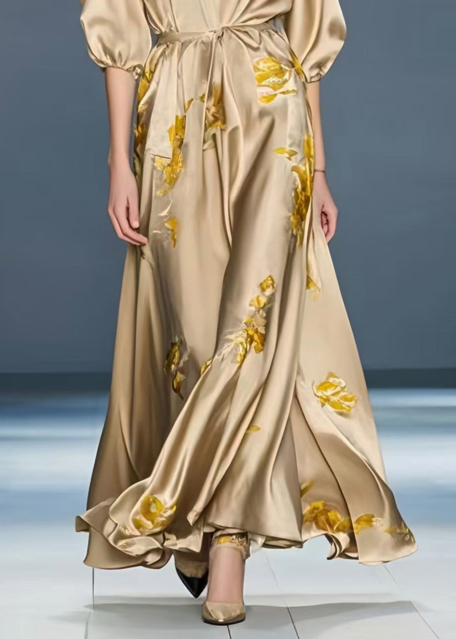 French Khaki Print Draping Silk Party Dress Summer