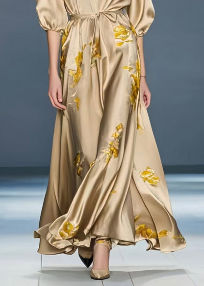 French Khaki Print Draping Silk Party Dress Summer