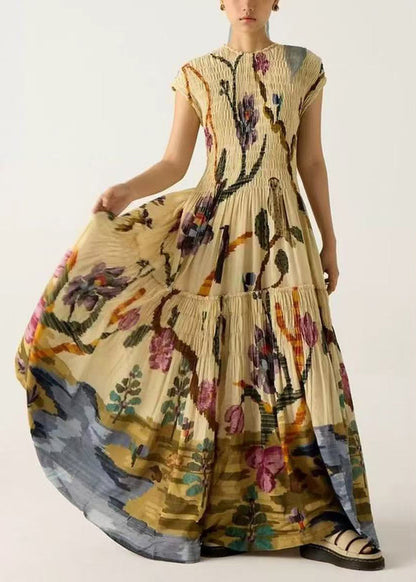 French Khaki Print Ruffled Cotton Maxi Dresses Summer