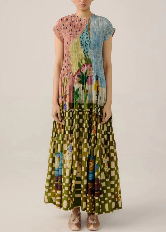 French Khaki Print Ruffled Cotton Maxi Dresses Summer