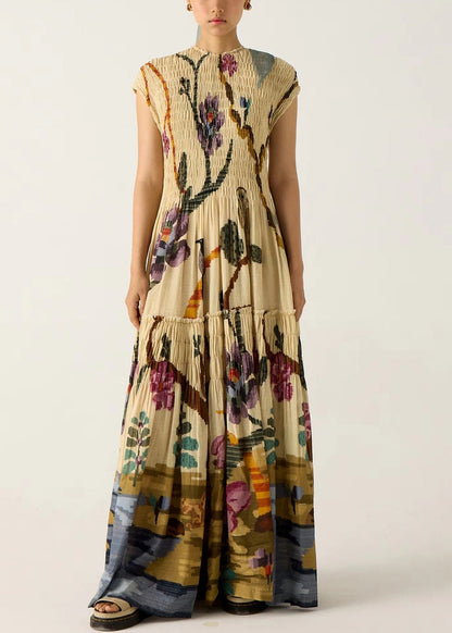 French Khaki Print Ruffled Cotton Maxi Dresses Summer