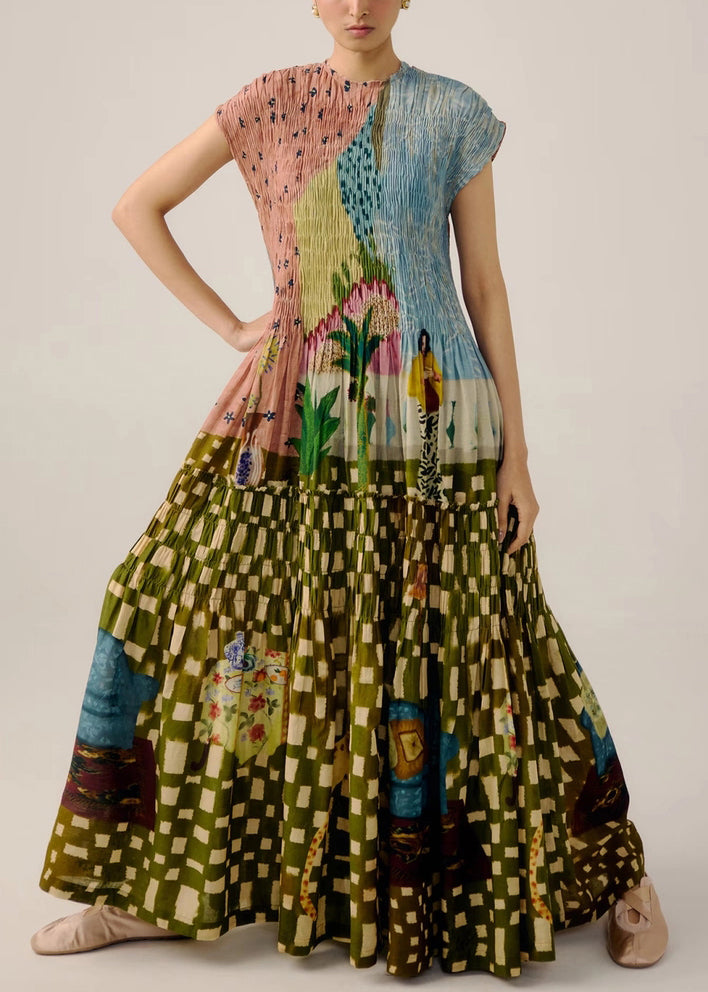 French Khaki Print Ruffled Cotton Maxi Dresses Summer