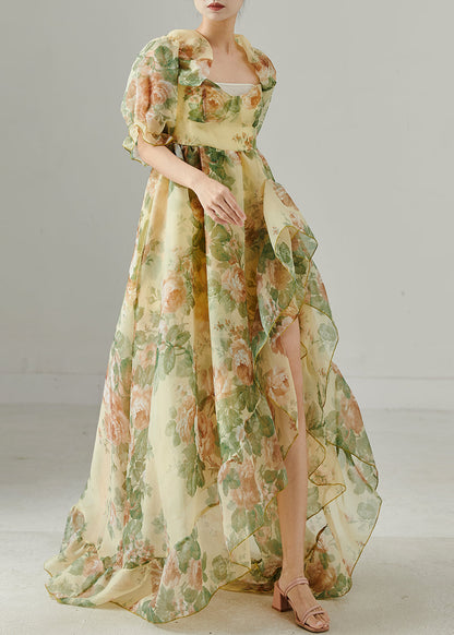 French Khaki Print Side Open Chiffon Maxi Dresses Summer