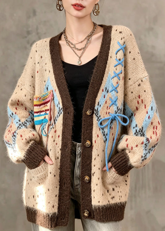 French Khaki Print Tie Lace Cotton Knit Cardigan Fall