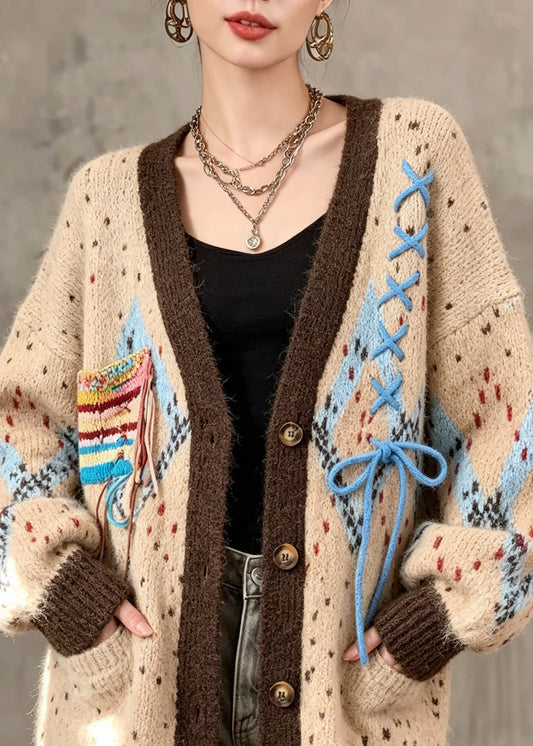 French Khaki Print Tie Lace Cotton Knit Cardigan Fall